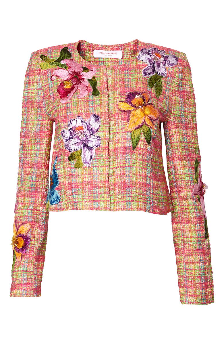 Carolina Herrera Embroidered Floral Check Jacket, Main, color, 