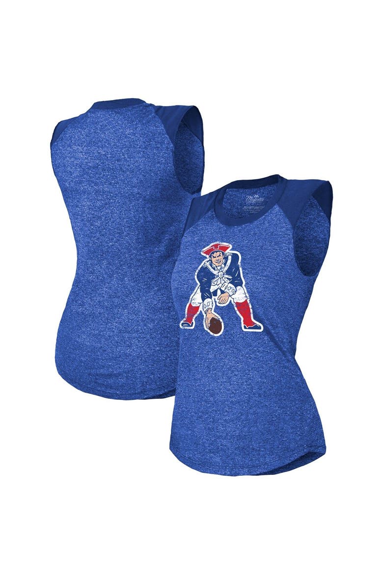 Women's Majestic Threads Royal New England Patriots Retro Tri-Blend Raglan Muscle Tank Top, Alternate, color, Royal
