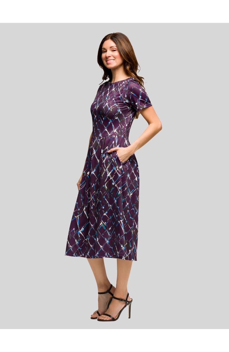 24seven Comfort Apparel Purple Print Short Sleeve Pleated Flare Midi Pocket Dress, Alternate, color, Purple Multi