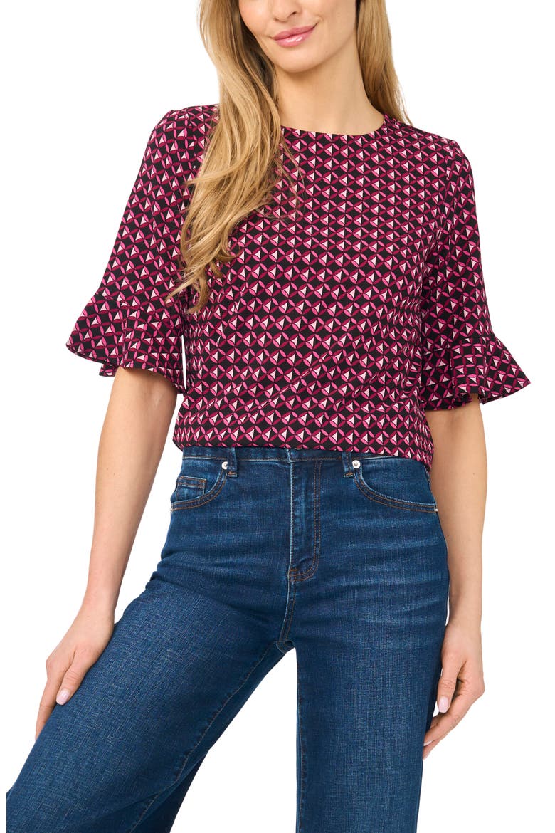 Geo Print Ruffle Cuff Top, Main, color, STARLET ROSE