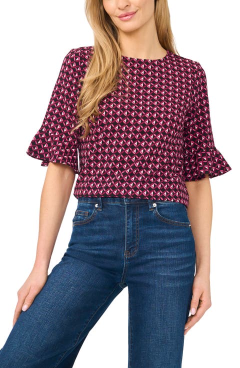 Geo Print Ruffle Cuff Top