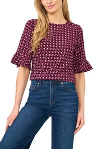 CeCe Geo Print Ruffle Cuff Top