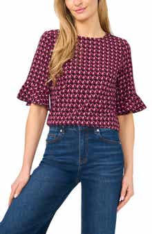 Geo Print Ruffle Cuff Top