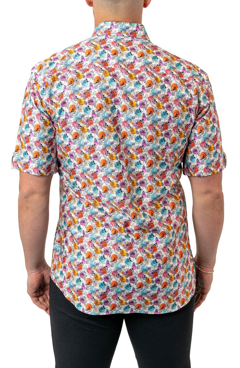 Maceoo Galileo Floral Skull 12 White Contemporary Fit Short Sleeve Button-Up Shirt, Alternate, color, White