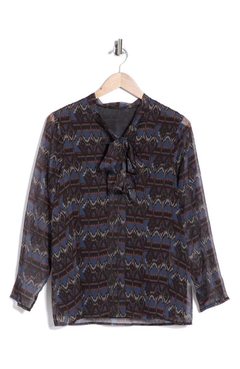 Longchamp Tie Neck Long Sleeve Silk Button-Up Shirt, Alternate, color, Navy