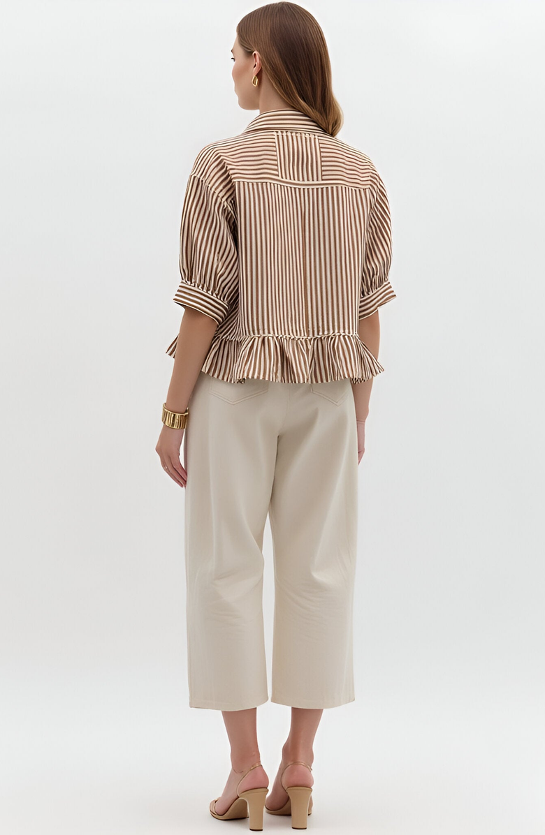 Modenaire Striped Button Front Blouse with 3/4 Sleeves and Ruffle Hem, Alternate, color,