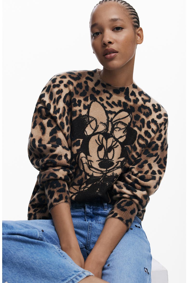 Minnie Mouse Leopard Sweater, Alternate, color, BROWN