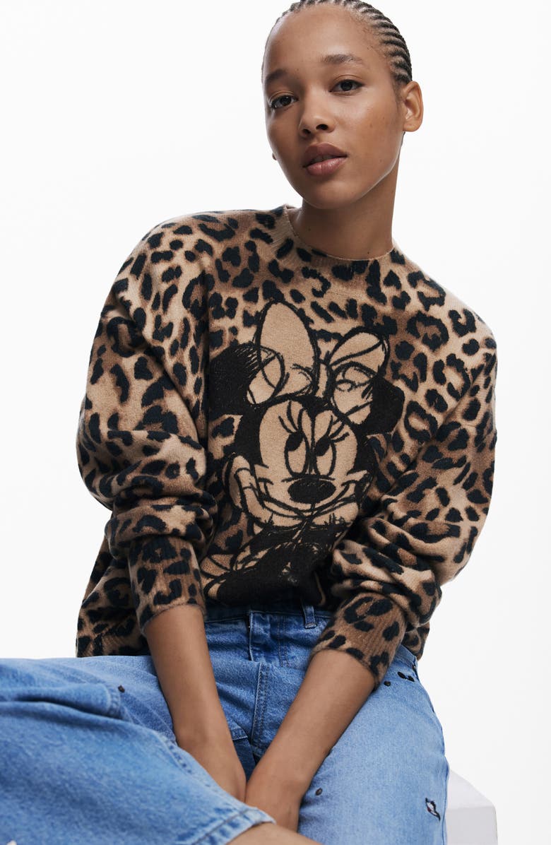 Desigual Minnie Mouse Leopard Sweater, Alternate, color, Brown