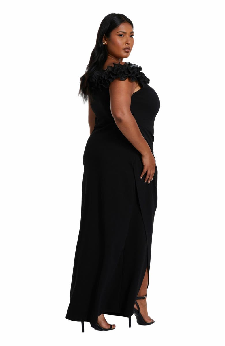 QUIZ Plus Size Scuba Crepe Ruffle Bardot Maxi Dress, Alternate, color, 