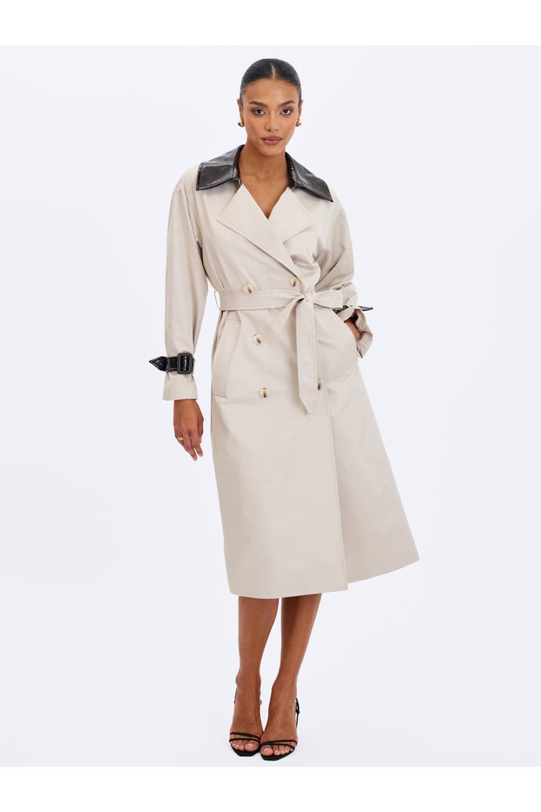 Umber Double-Breasted Faux Leather Lapel Trench Coat, Alternate, color, Beige