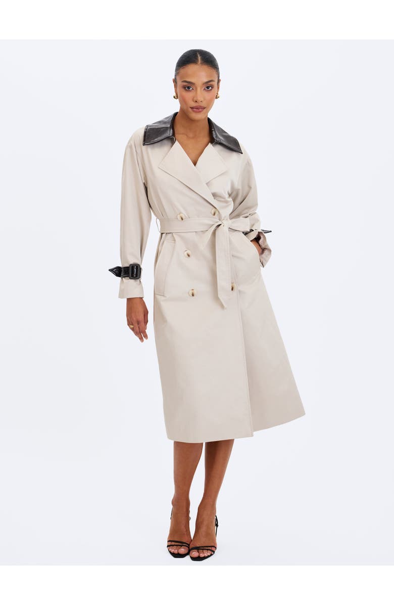 Miss Circle Umber Double-Breasted Faux Leather Lapel Trench Coat, Alternate, color, Beige