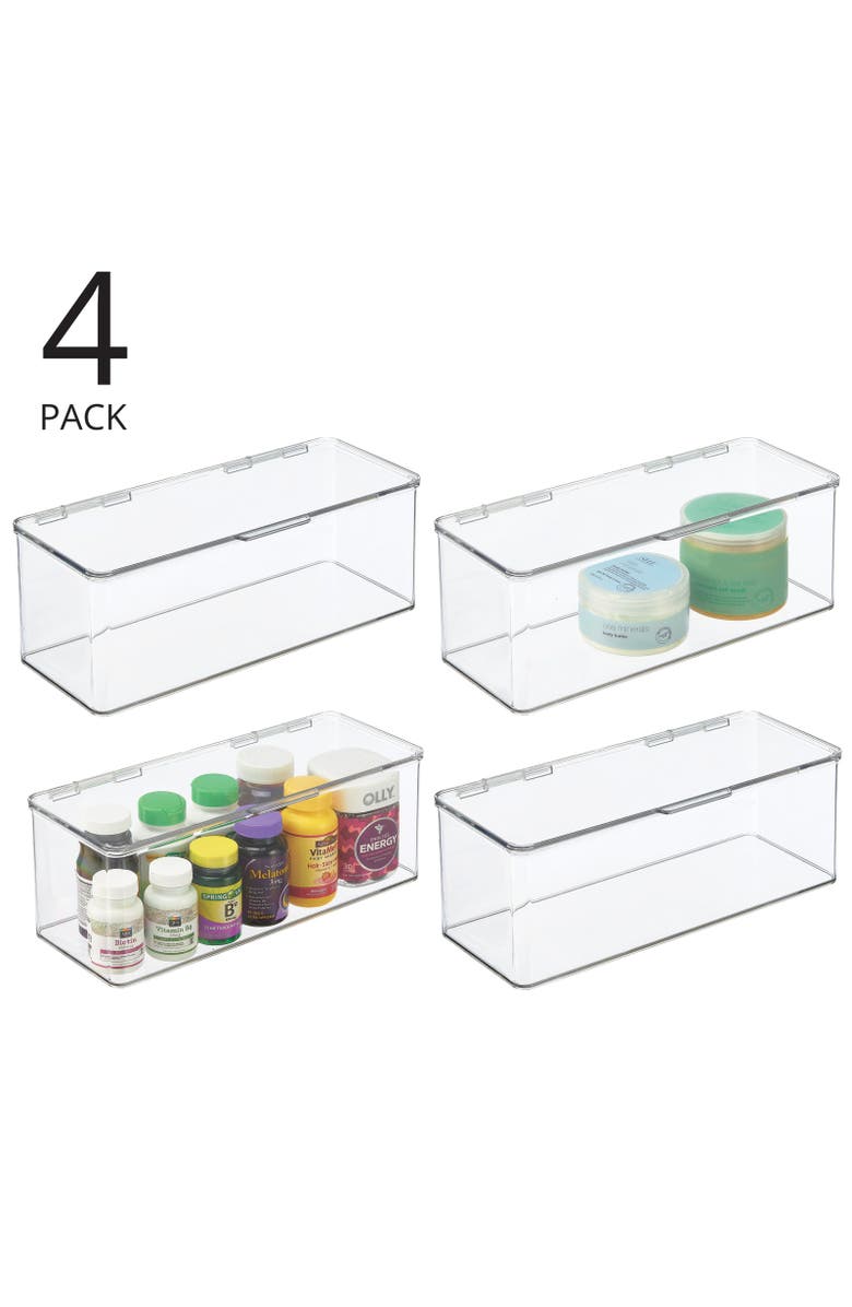 mDesign Plastic Bathroom Vanity Organizer Bin Box with Hinged Lid, 4 Pack, Clear, Alternate, color, Clear