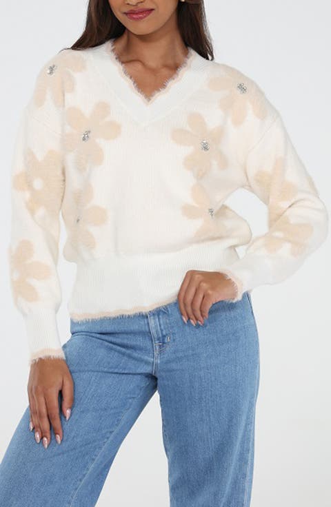 Rhinestone Embellished V-Neck Sweater
