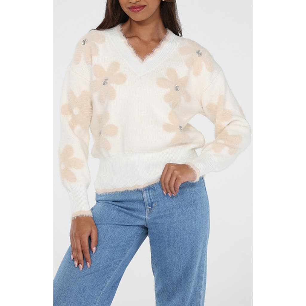 Rain And Rose Rhinestone Embellished V-neck Sweater In Neutral