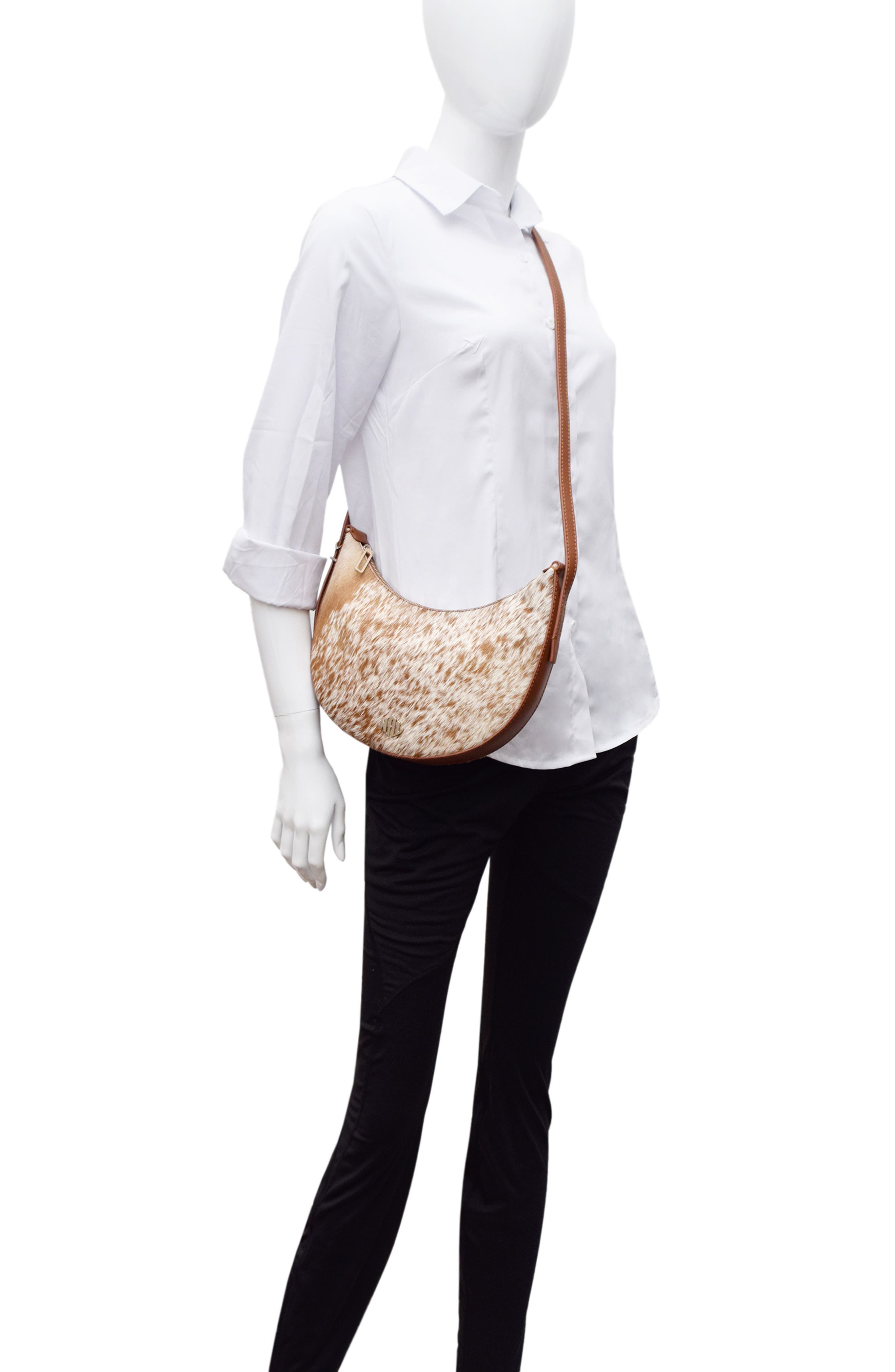 New Amsterdam Leatherworks Silas Genuine Calf Hair Saddle Bag, Alternate, color, Chestnut/ Ivory