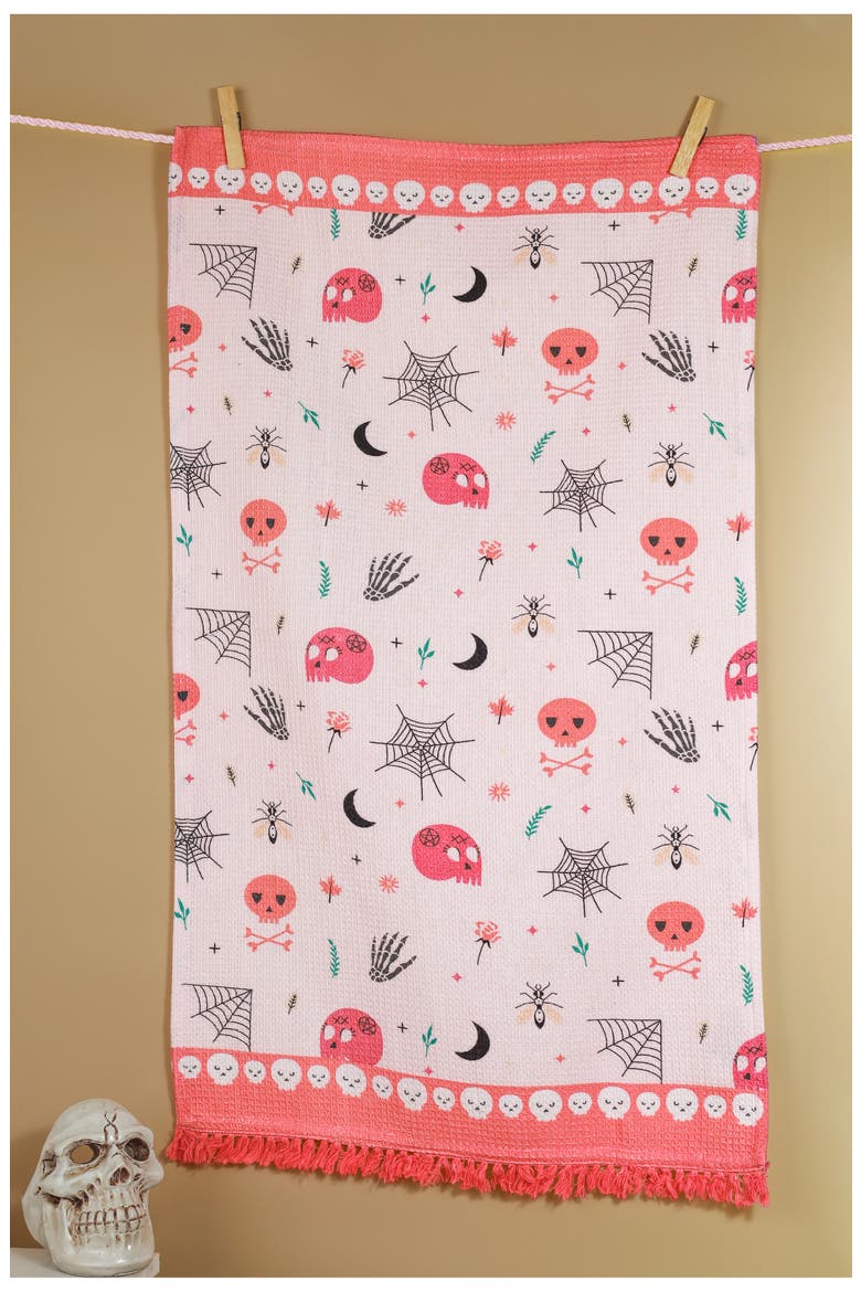 Set of Three The Danse Macabre Halloween Kitchen Towels, Alternate, color, HOT PINK/ BLACK / CORAL