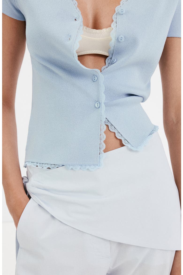 Lace Trim Short Sleeve V-Neck Cardigan, Alternate, color, SKY BLUE