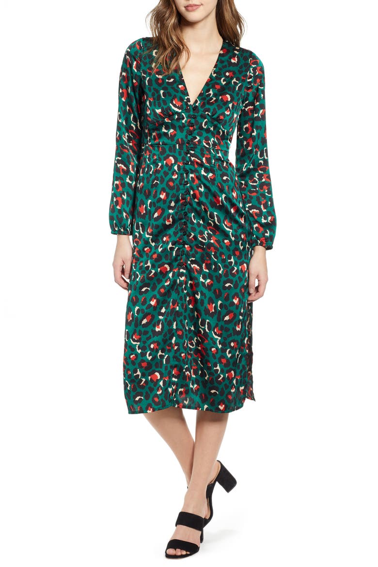 Button Front Midi Dress, Main, color, TEAL CYRUS BOLD ANIMAL