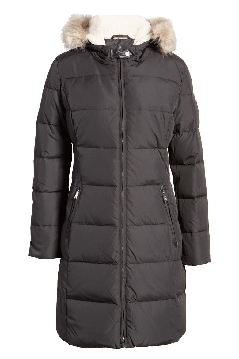 Quilted Faux Shearling Lined Down & Feather Parka, Alternate, color, BLACK
