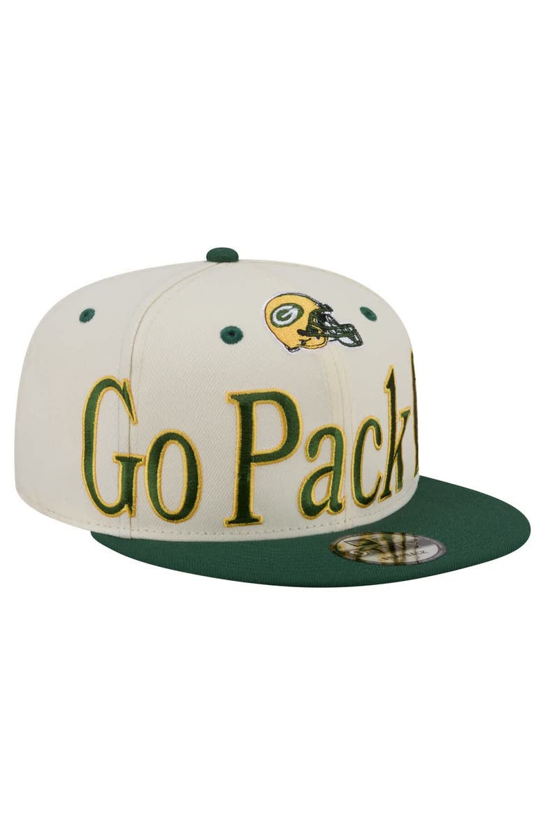 New Era Men's New Era Cream Green Bay Packers Oversized Slogan 9FIFTY Snapback Hat, Main, color, Cream