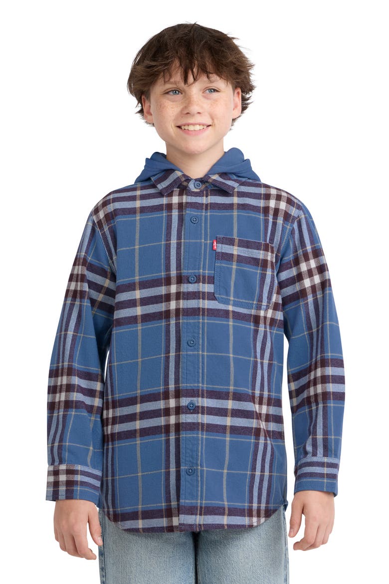 Kids' Hooded Plaid Flannel Shirt, Alternate, color, MOONLIGHT BLUE