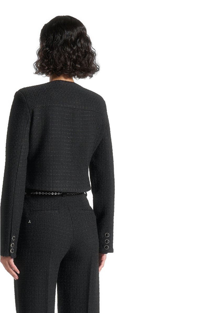 Manière De Voir Celine Cropped Tweed Jacket with Pearls, Alternate, color, Black