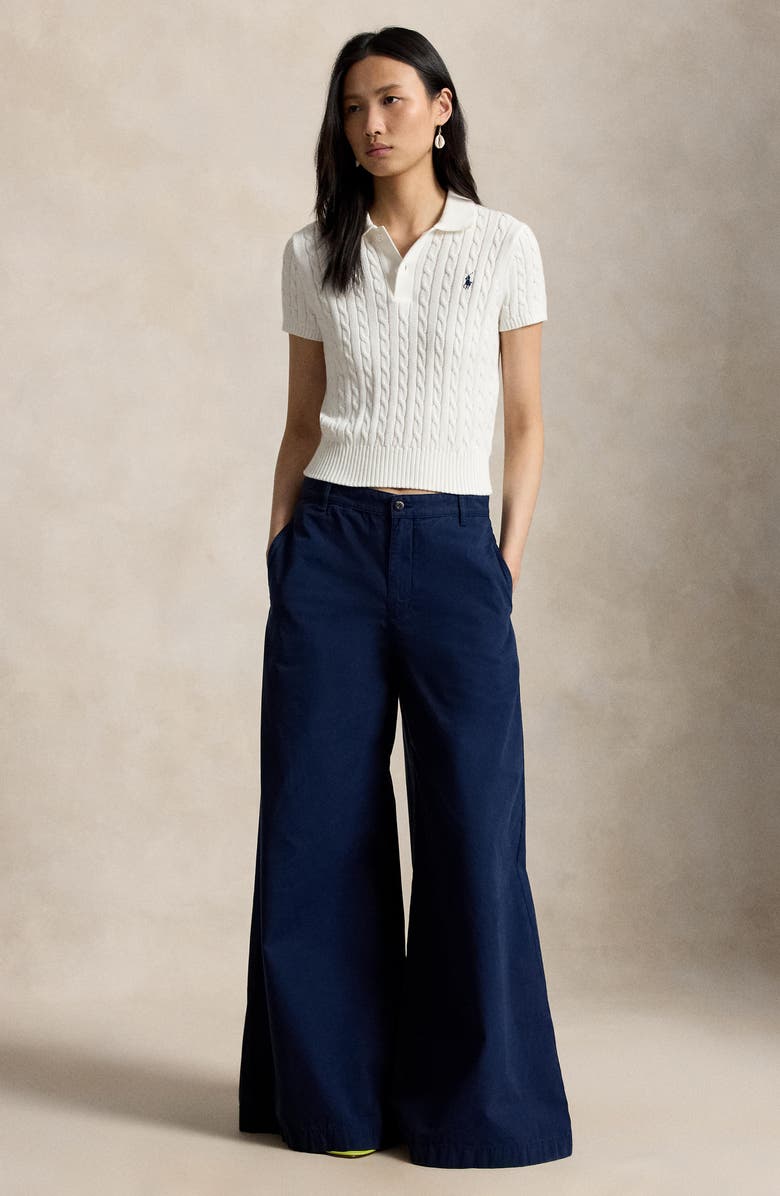 Polo Ralph Lauren Cable Knit Crop Cotton Polo Sweater, Alternate, color, White