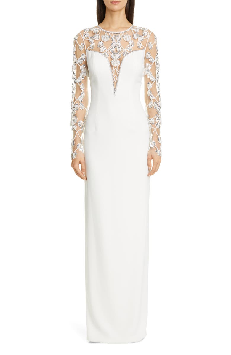 Pamella Roland Embellished Tulle Long Sleeve Crepe Column Gown, Main, color, 