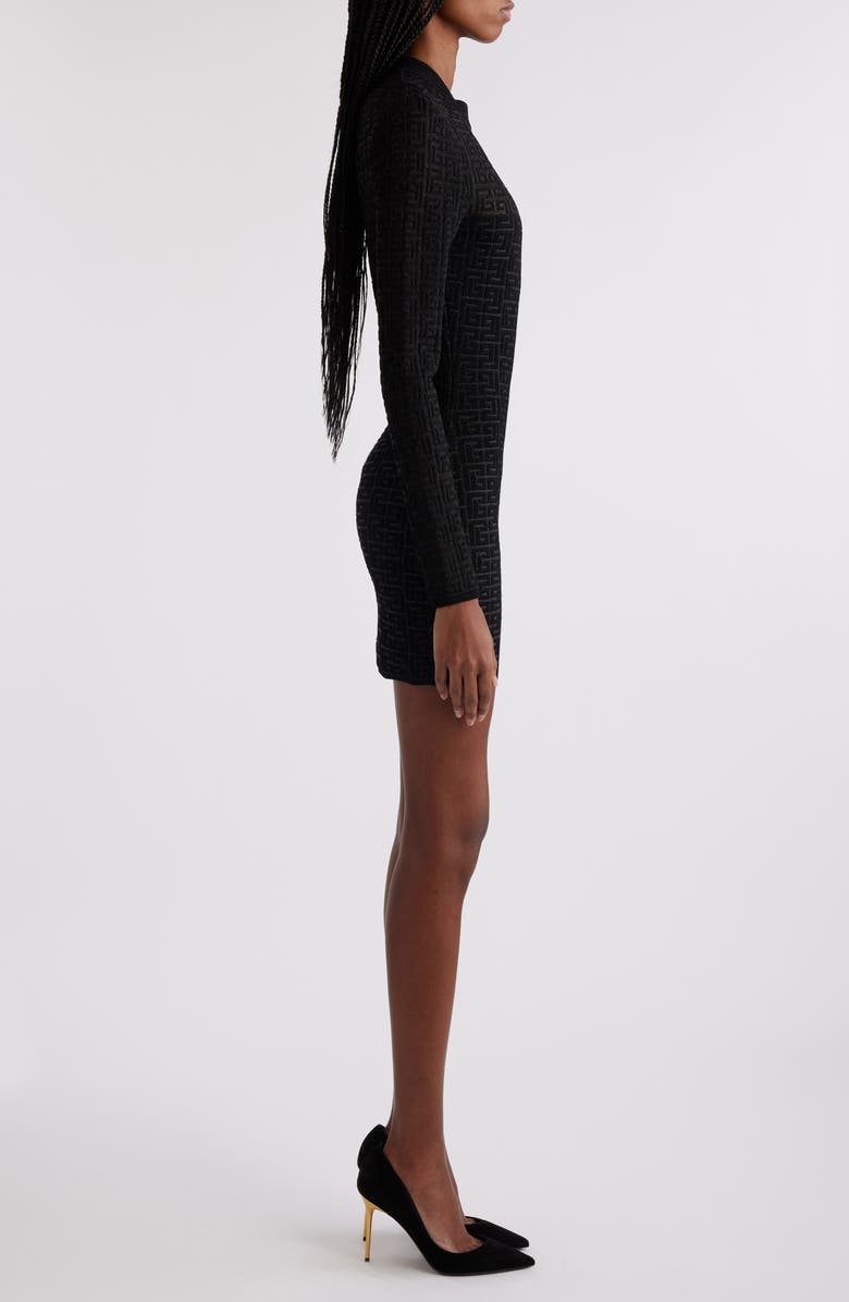 Balmain Metallic Long Sleeve Monogram Jacquard Mini Sweater Dress, Alternate, color,