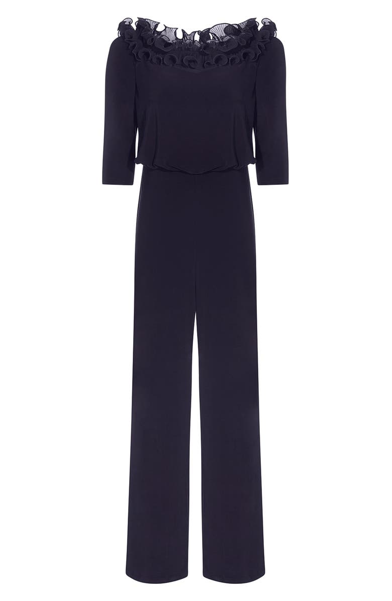 Adrianna Papell Ruffle Off the Shoulder Blouson Bodice Jumpsuit, Alternate, color, Navy