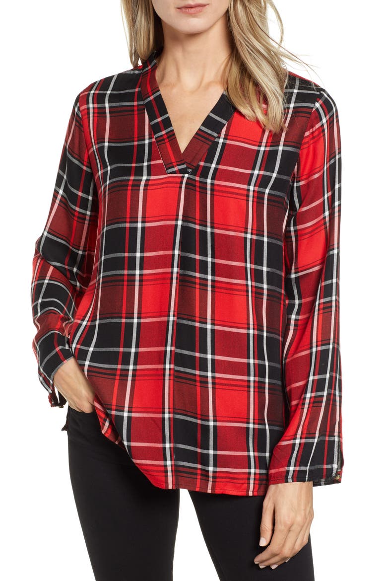 Plaid Split Neck Blouse, Main, color, IMPERIAL RED
