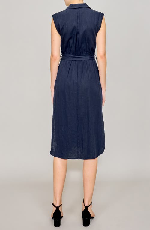 Melloday Roll Sleeve Linen Blend Midi Shirtdress In Navy
