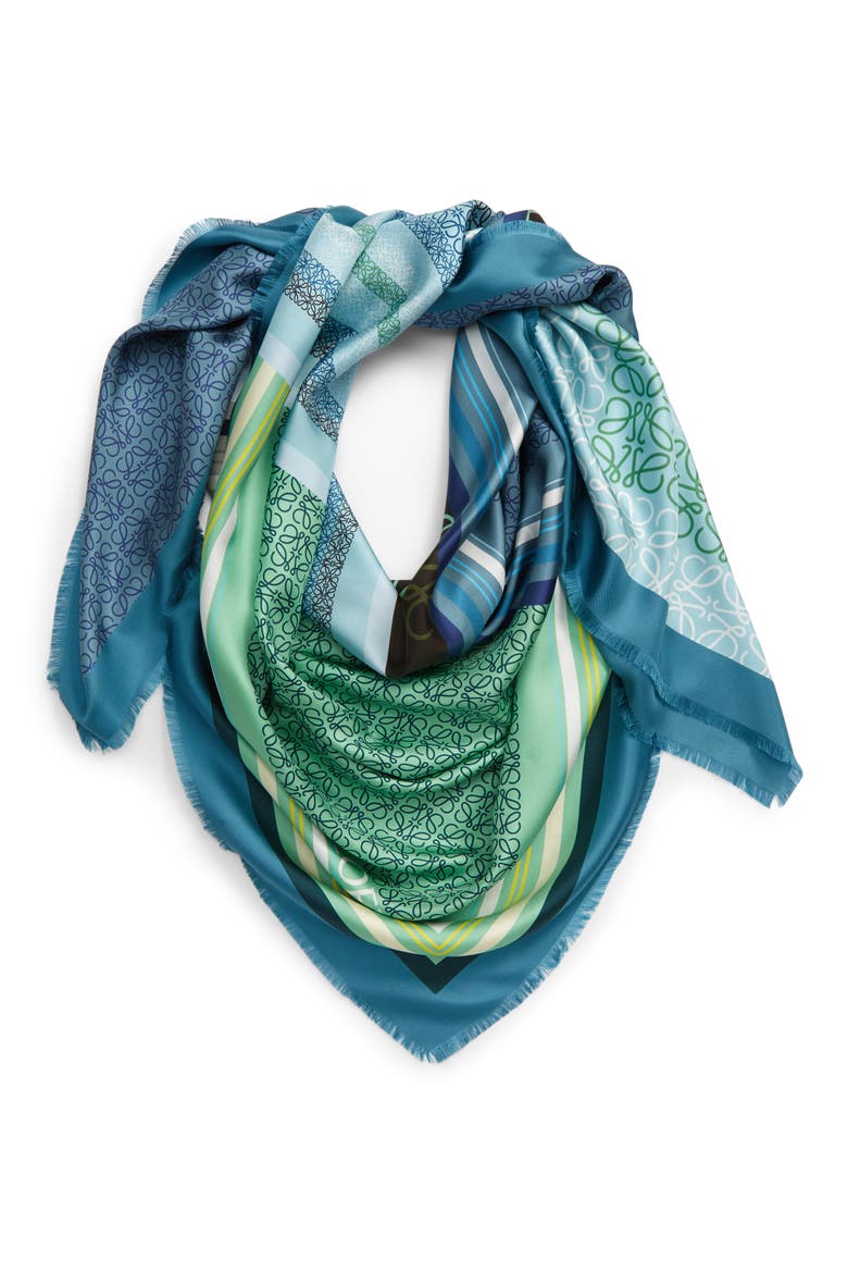 Patchwork Print Silk Square Scarf, Alternate, color, BLUE/ GREEN
