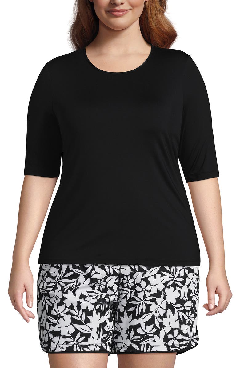 Lands' End Plus Size SunShade UPF 50 Elbow Sleeve Relaxed Rash Guard, Main, color, Black