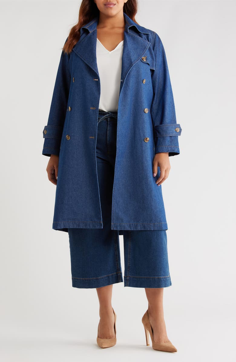 Anne Klein Chambray Double Breasted Belted Trench Coat, Main, color, Aries Wash