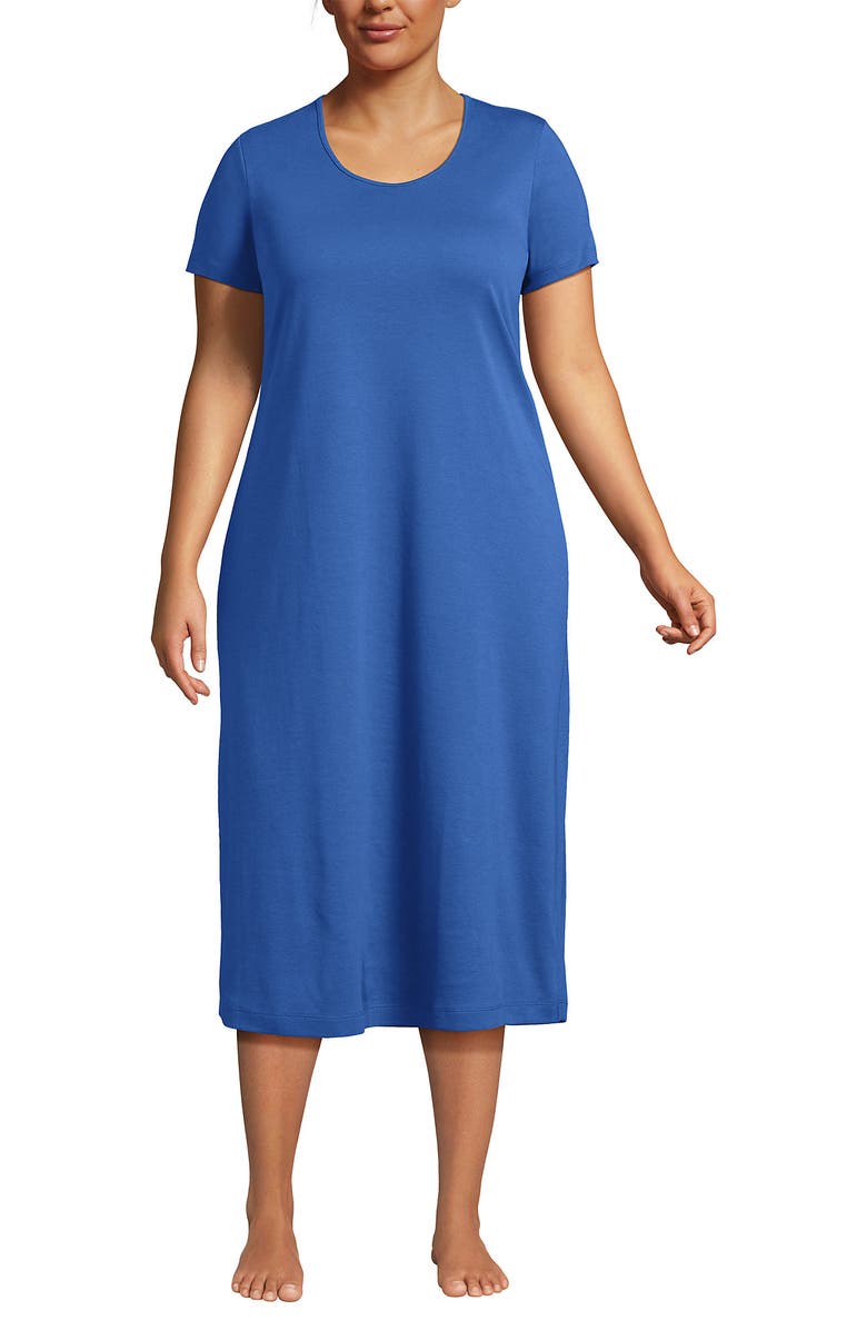 Lands' End Cotton Short Sleeve Midcalf Nightgown, Main, color, Muted Cobalt Blue