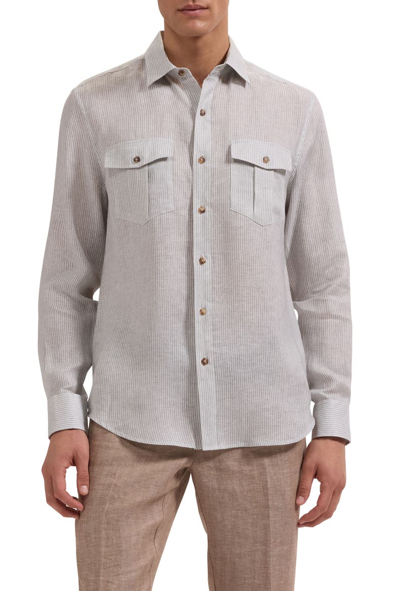 Stripe Shaped Fit Linen Button-Up Shirt, Main, color, KHAKI