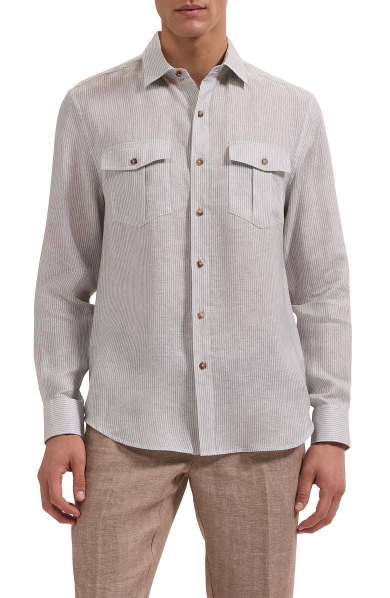 Bugatchi Stripe Shaped Fit Linen Button-Up Shirt, Main, color, Khaki
