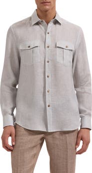 Bugatchi Stripe Shaped Fit Linen Button-Up Shirt