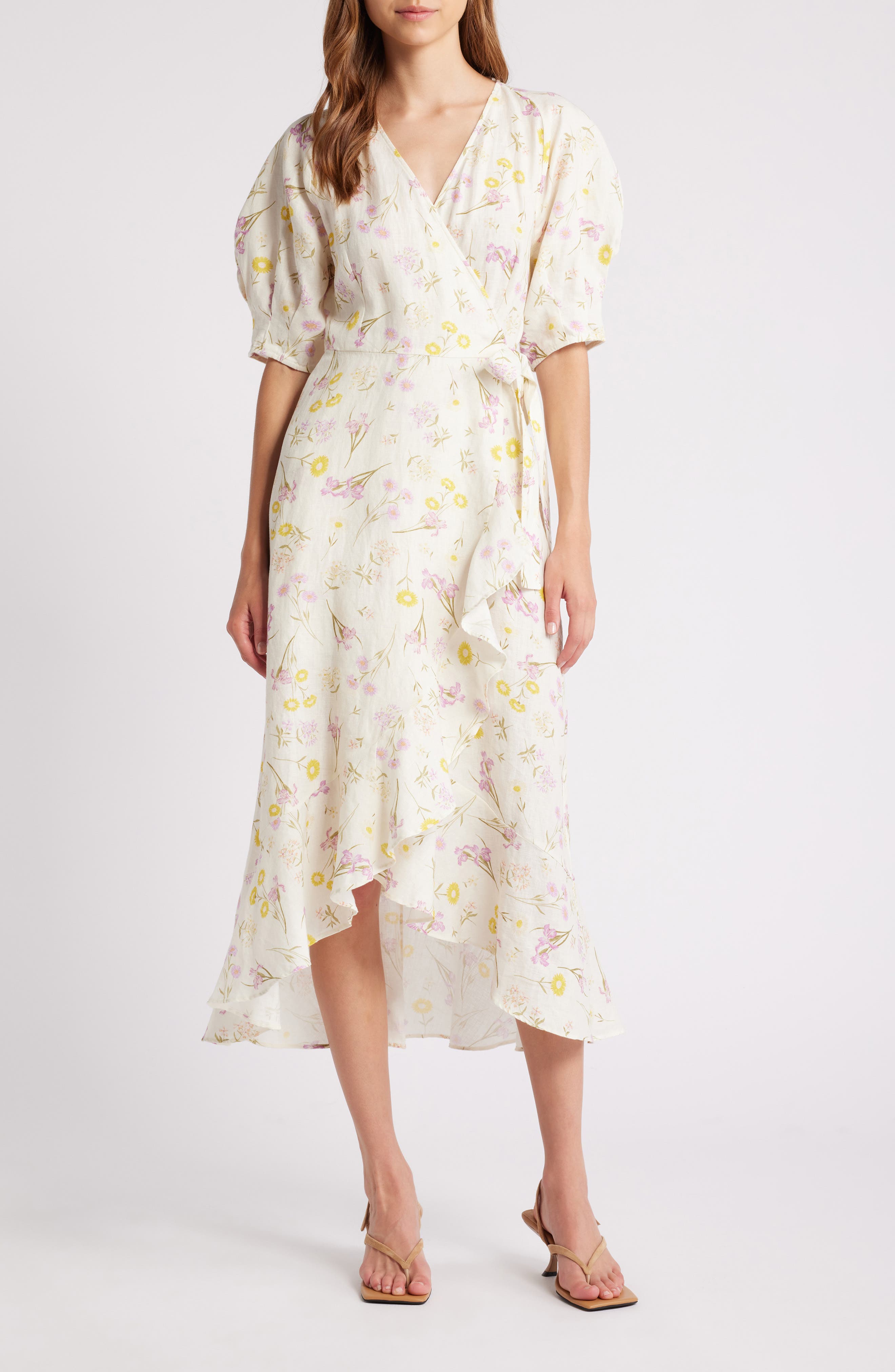 ruffled linen wrap midi dress Natural Linen Wrap Dress with Playful Frills & Waist Belt