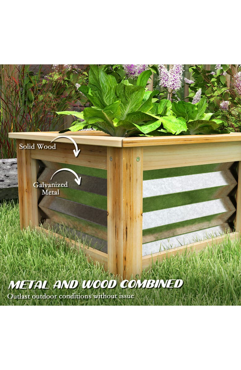 Outsunny Raised Set of, Stock Tanks for Growing Flowers, Metal Reinforced with Wood, Planters for Plants, Alternate, color, Natural And Silver