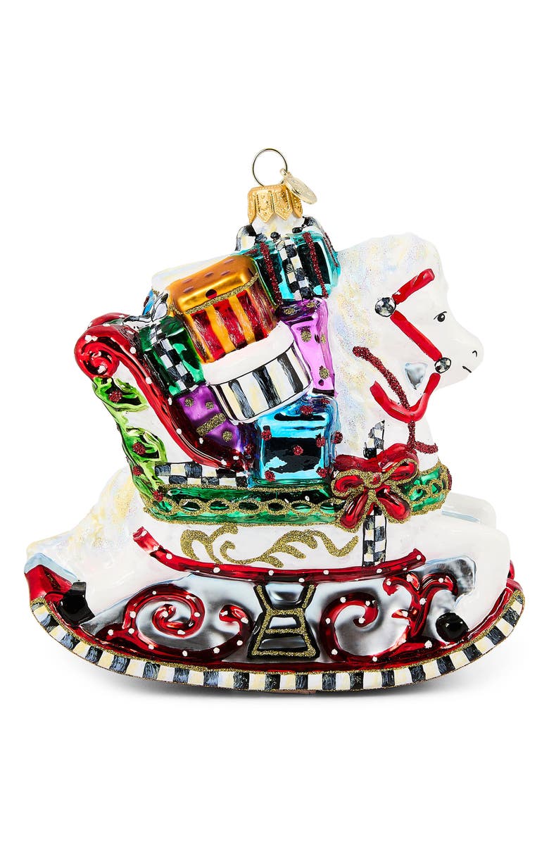 MACKENZIE CHILDS Rocking Horse with Gifts Glass Ornament, Alternate, color, White