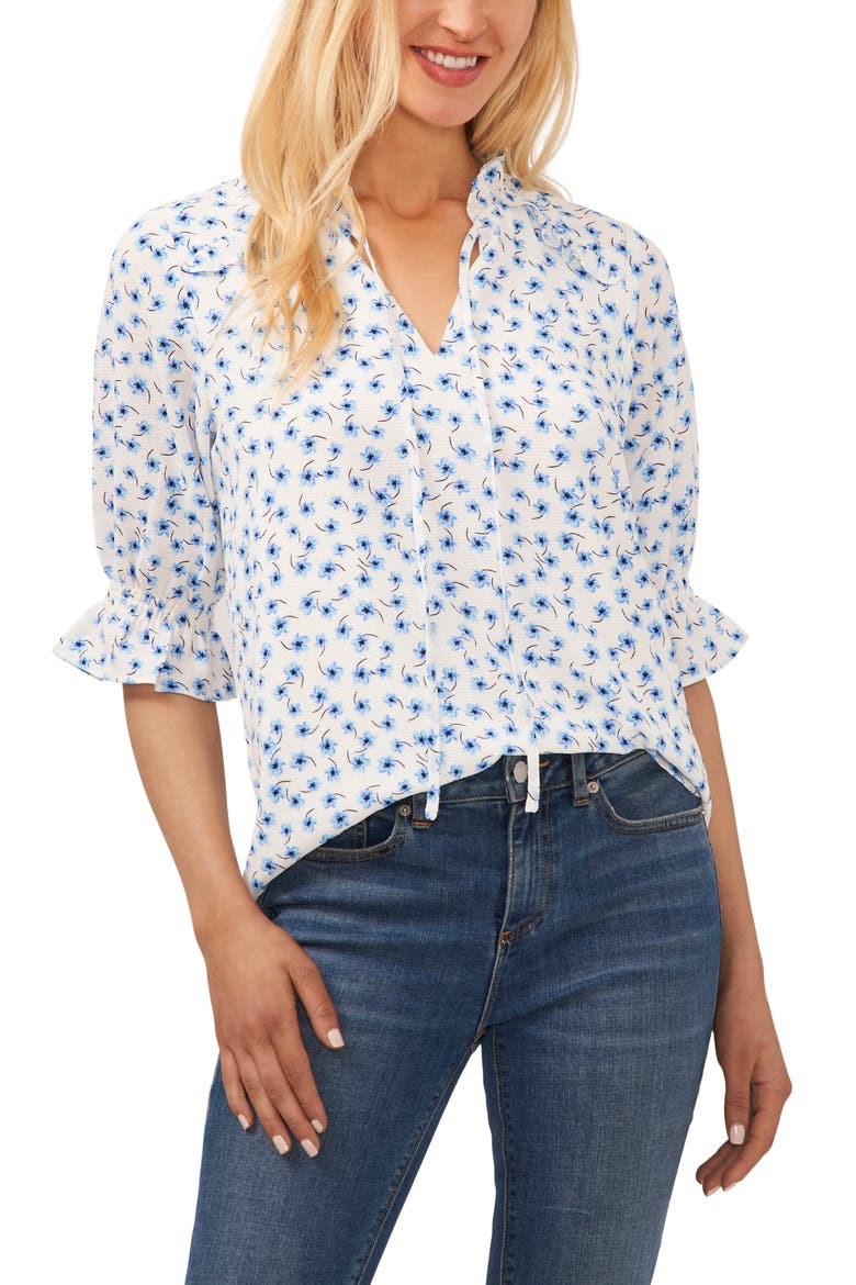 Floral Split Neck Blouse, Main, color, NEW IVORY