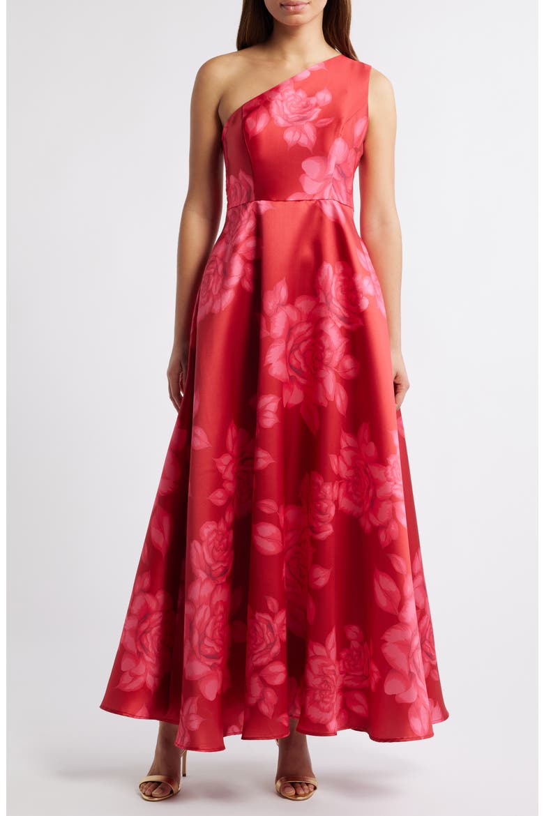 Floral One-Shoulder Satin Gown, Main, color, RED