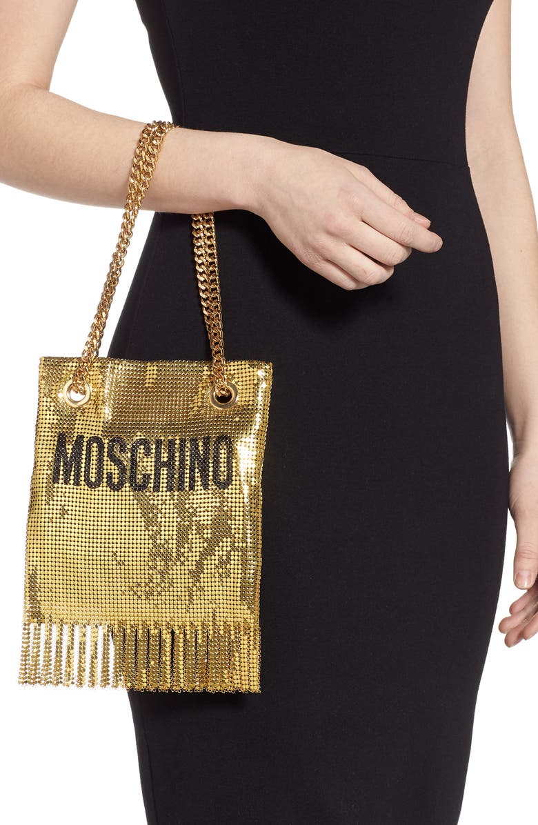 Moschino Logo Metallic Mesh Fringe Bag, Alternate, color,