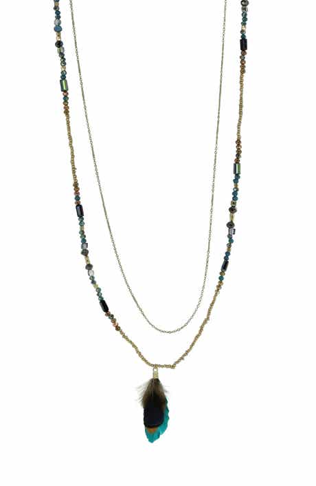 OLIVIA WELLES Hillaria Beaded Feather Pendant Necklace