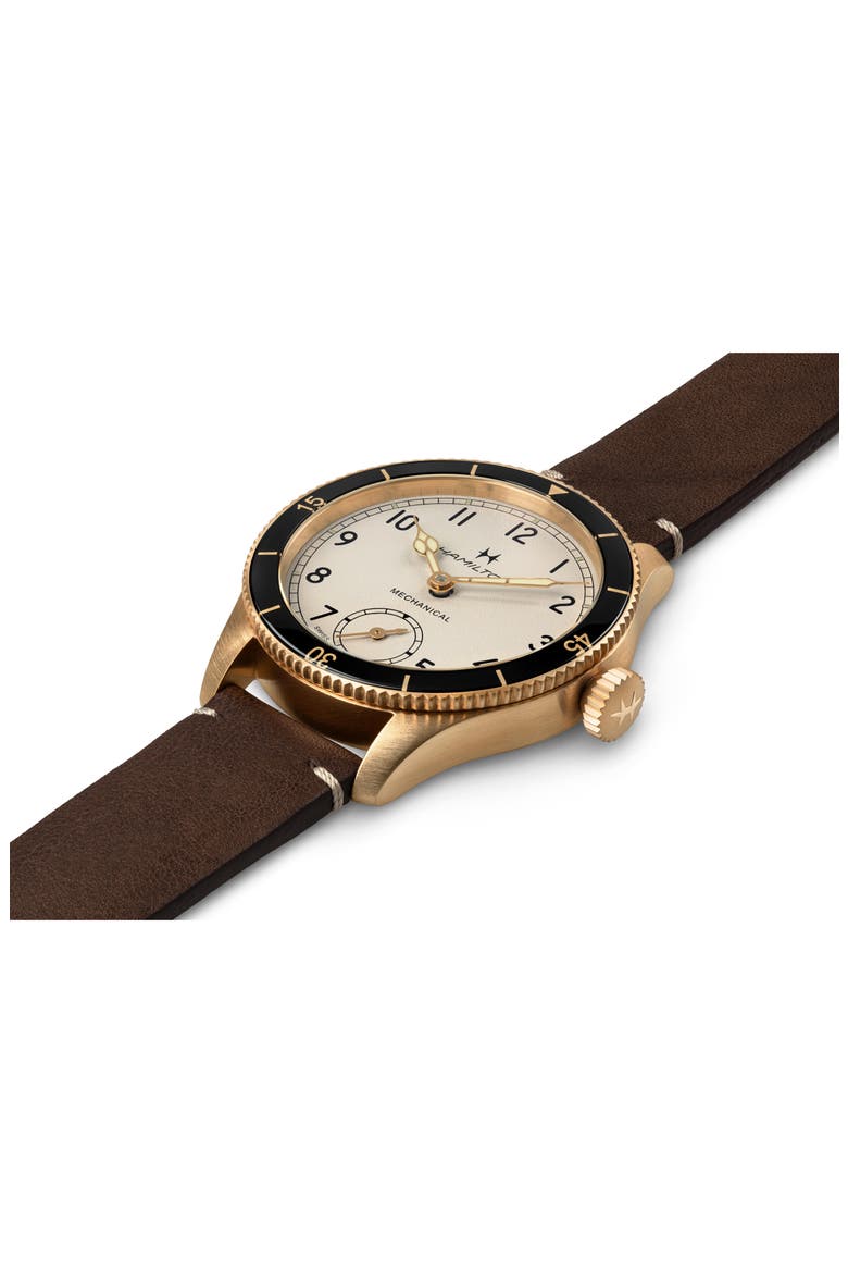 Khaki Aviation Pilot Pioneer Bronze Leather Strap Watch, 43mm, Alternate, color, WHITE