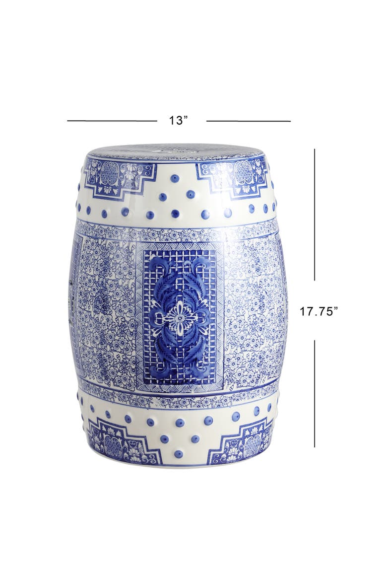 Acanthus Traditional Floral Chinoiserie Ceramic Drum Garden Stool, Pierced Indoor/Outdoor Patio Seat & Side Table, Alternate, color, Blue/White