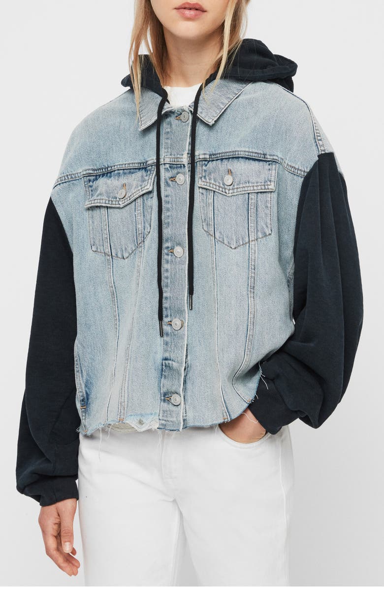 AllSaints Milena Mixed Media Hooded Denim Jacket, Main, color, Indigo Blue