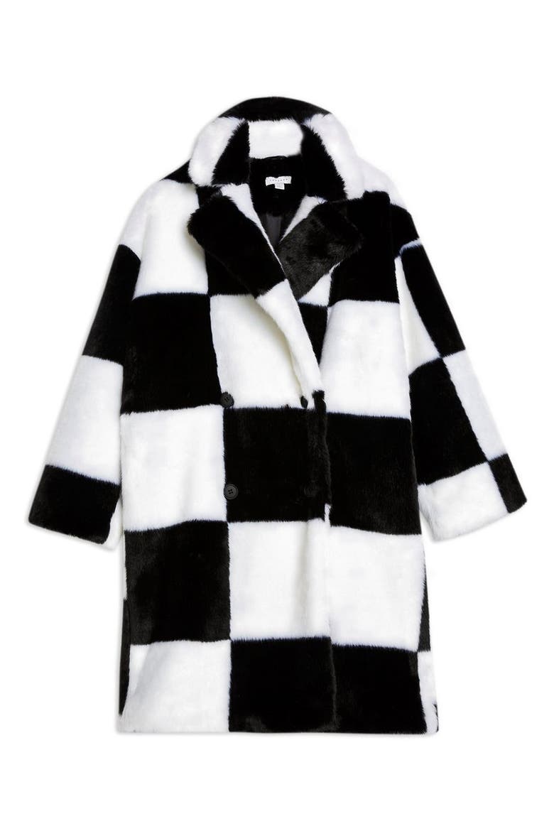 Checkerboard Faux Fur Coat, Alternate, color, BLACK MULTI